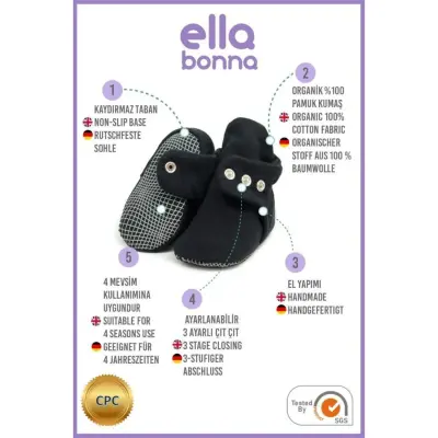 Ella Bonna Unisex Ev Botu Organik Pamuk Kaydırmaz Taban Siyah - 4