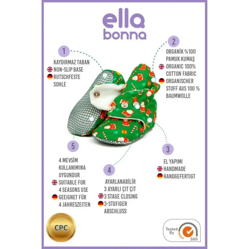 Ella Bonna Unisex Ev Botu Organik Pamuk Kaydırmaz Taban YEŞİL - 4