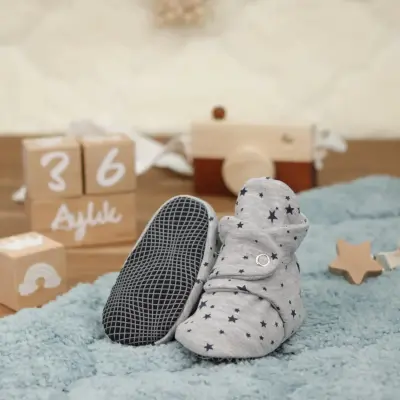 Ella Bonna Unisex Ev Botu Organik Pamuk Kaydırmaz Taban Yıldızlı Gri - 6