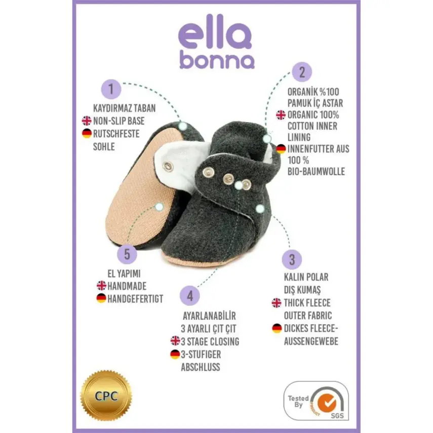 Ella Bonna Unisex Ev Terliği Polar Kaydırmaz Taban Antrasit - 4