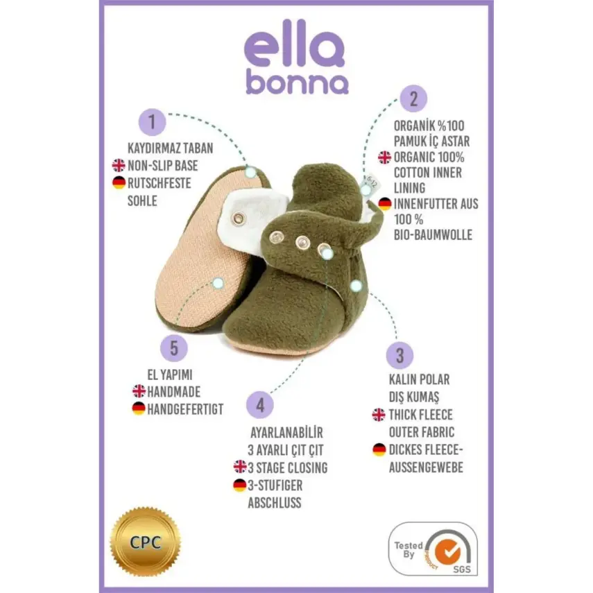 Ella Bonna Unisex Ev Terliği Polar Kaydırmaz Taban Haki - 10