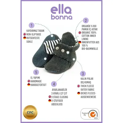 Ella Bonna Unisex Panduf Organik Pamuk Kaydırmaz Taban Antrasit - 3