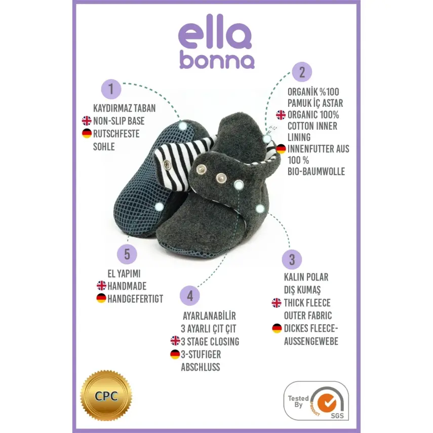 Ella Bonna Unisex Panduf Organik Pamuk Kaydırmaz Taban Antrasit - 3