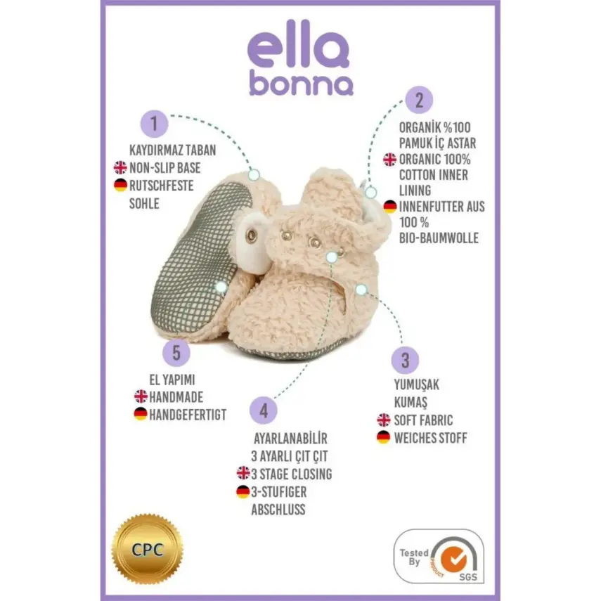 Ella Bonna Unisex Panduf Organik Pamuk Kaydırmaz Taban Bej - 3