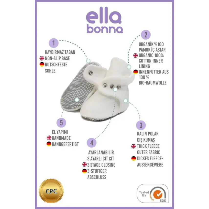 Ella Bonna Unisex Panduf Organik Pamuk Kaydırmaz Taban Beyaz - 4