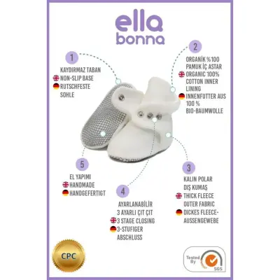 Ella Bonna Unisex Panduf Organik Pamuk Kaydırmaz Taban Beyaz - 12