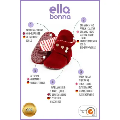 Ella Bonna Unisex Panduf Organik Pamuk Kaydırmaz Taban Bordo - 4