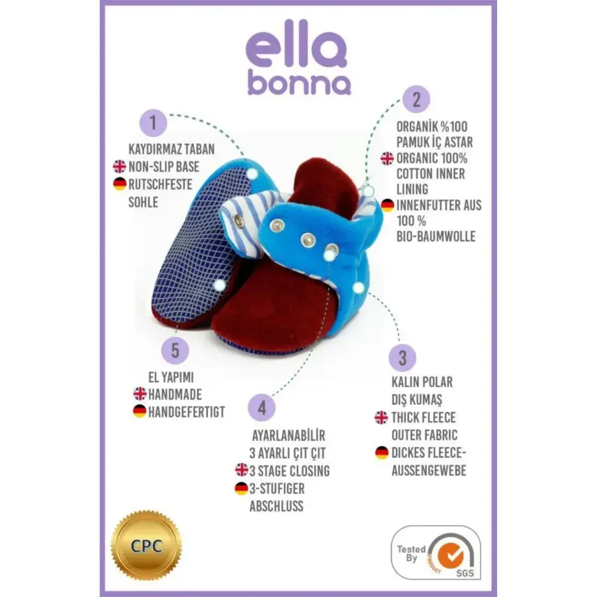 Ella Bonna Unisex Panduf Organik Pamuk Kaydırmaz Taban Bordo - Mavi - 3