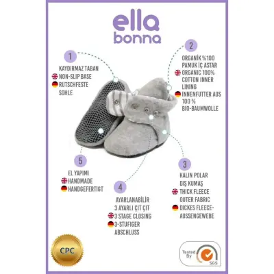Ella Bonna Unisex Panduf Organik Pamuk Kaydırmaz Taban Gri - 3