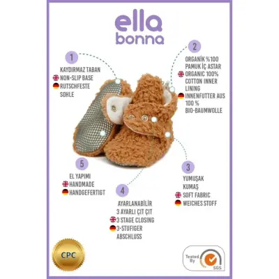 Ella Bonna Unisex Panduf Organik Pamuk Kaydırmaz Taban Kahverengi - 4