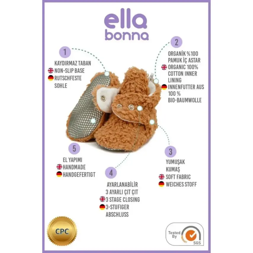 Ella Bonna Unisex Panduf Organik Pamuk Kaydırmaz Taban Kahverengi - 4