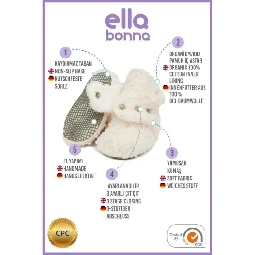 Ella Bonna Unisex Panduf Organik Pamuk Kaydırmaz Taban KIRIK BEYAZ - 4