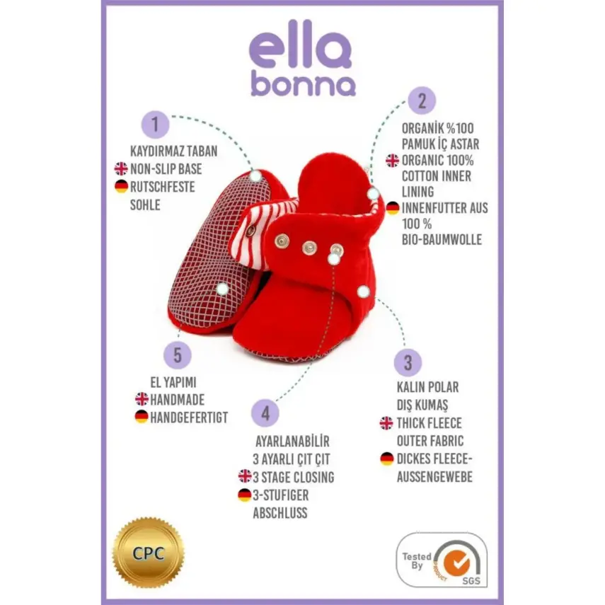 Ella Bonna Unisex Panduf Organik Pamuk Kaydırmaz Taban Kırmızı - 6