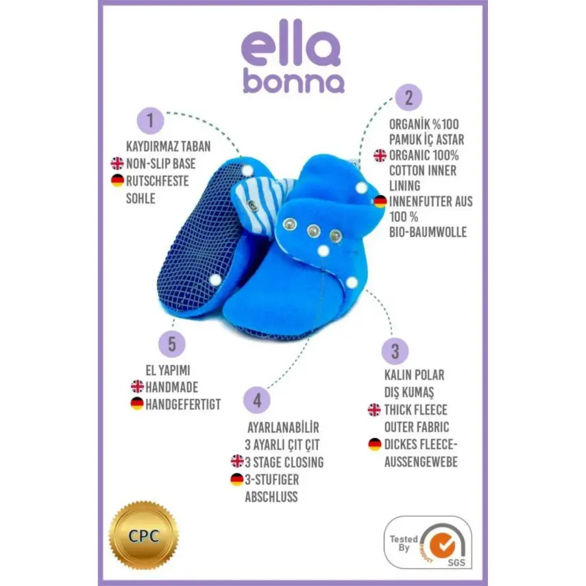 Ella Bonna Unisex Panduf Organik Pamuk Kaydırmaz Taban Mavi - 20