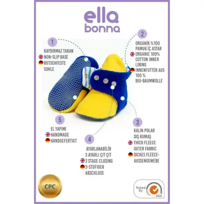 Ella Bonna Unisex Panduf Organik Pamuk Kaydırmaz Taban Sarı - Lacivert - 3