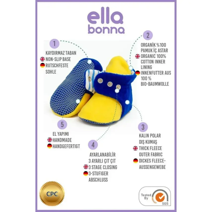 Ella Bonna Unisex Panduf Organik Pamuk Kaydırmaz Taban Sarı - Lacivert - 3