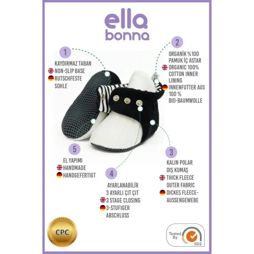 Ella Bonna Unisex Panduf Organik Pamuk Kaydırmaz Taban Siyah - Beyaz - 3