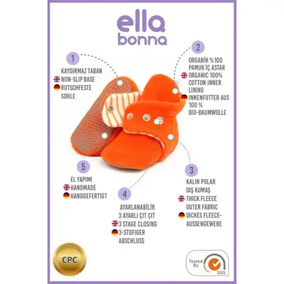 Ella Bonna Unisex Panduf Organik Pamuk Kaydırmaz Taban Turuncu - 12