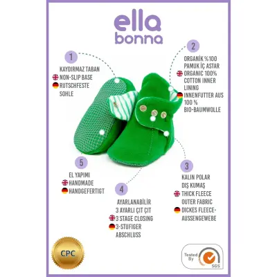 Ella Bonna Unisex Panduf Organik Pamuk Kaydırmaz Taban Yeşil - 4