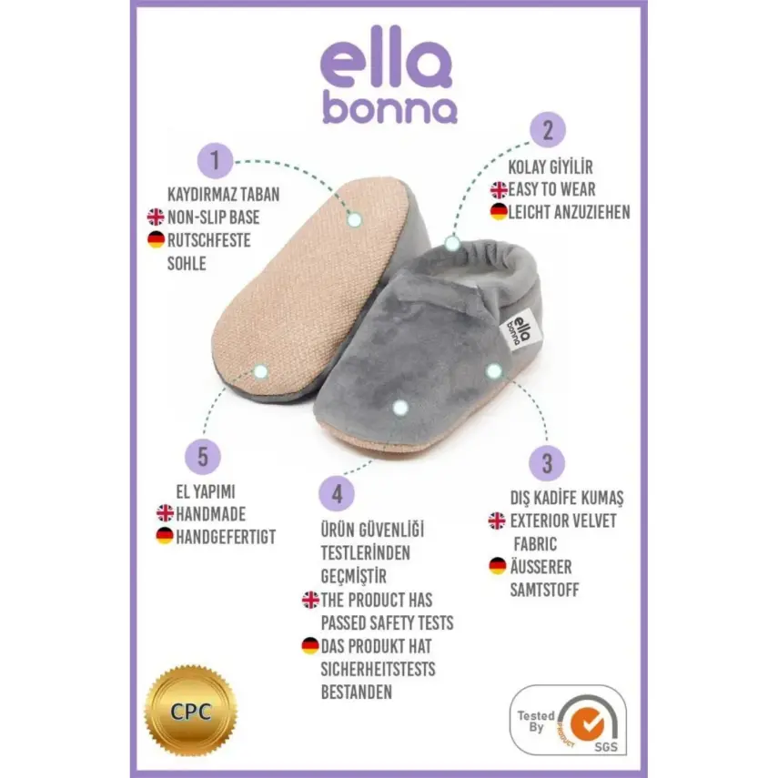Ella Bonna Unisex Patik Kadife Kaydırmaz Taban Gri - 10