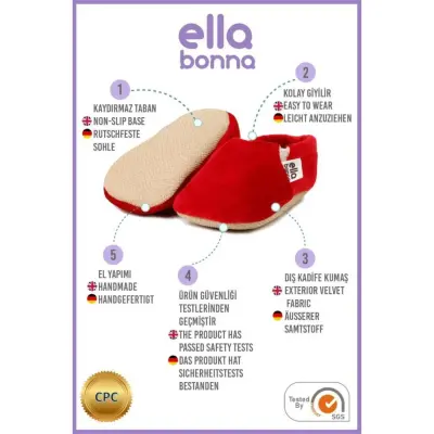 Ella Bonna Unisex Patik Kadife Kaydırmaz Taban Kırmızı - 5