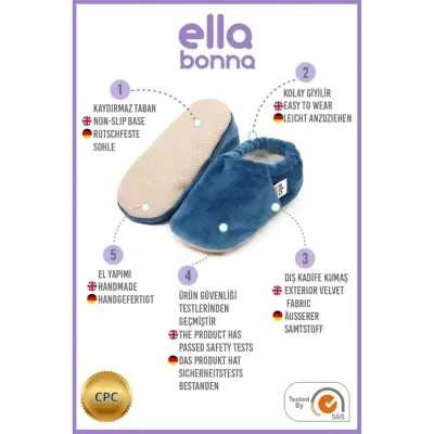 Ella Bonna Unisex Patik Kadife Kaydırmaz Taban Lacivert - 14