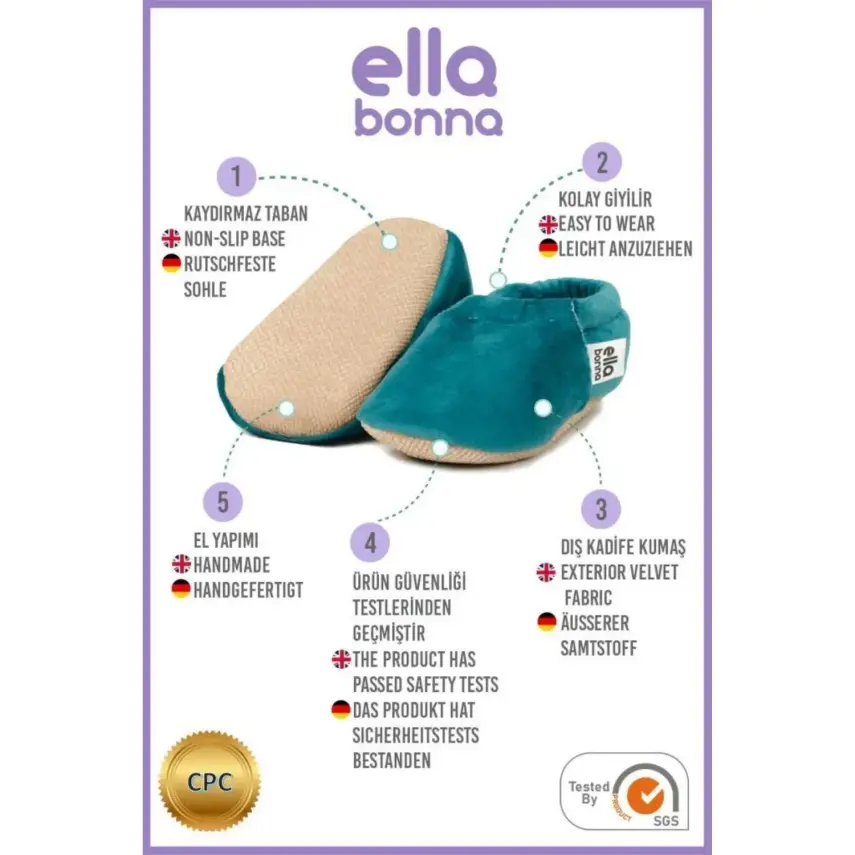 Ella Bonna Unisex Patik Kadife Kaydırmaz Taban Petrol - 7