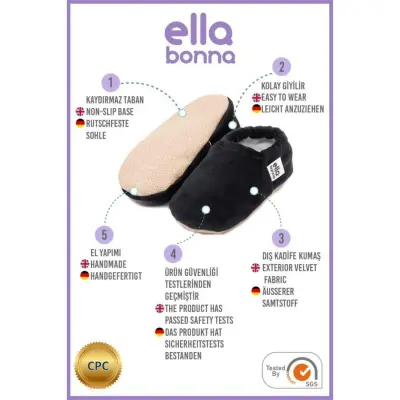 Ella Bonna Unisex Patik Kadife Kaydırmaz Taban Siyah - 5