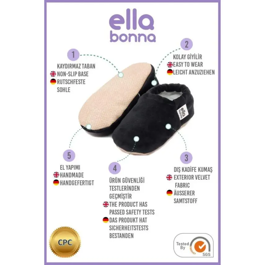 Ella Bonna Unisex Patik Kadife Kaydırmaz Taban Siyah - 5