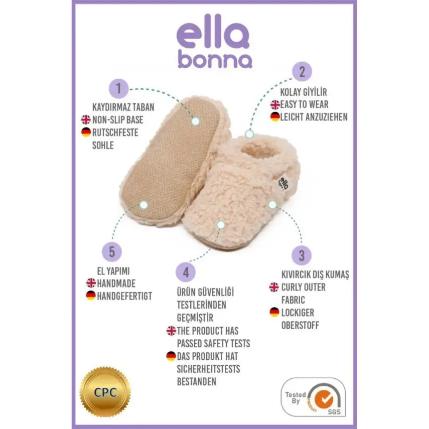 Ella Bonna Unisex Patik Organik Pamuk Kaydırmaz Taban Bej - 14