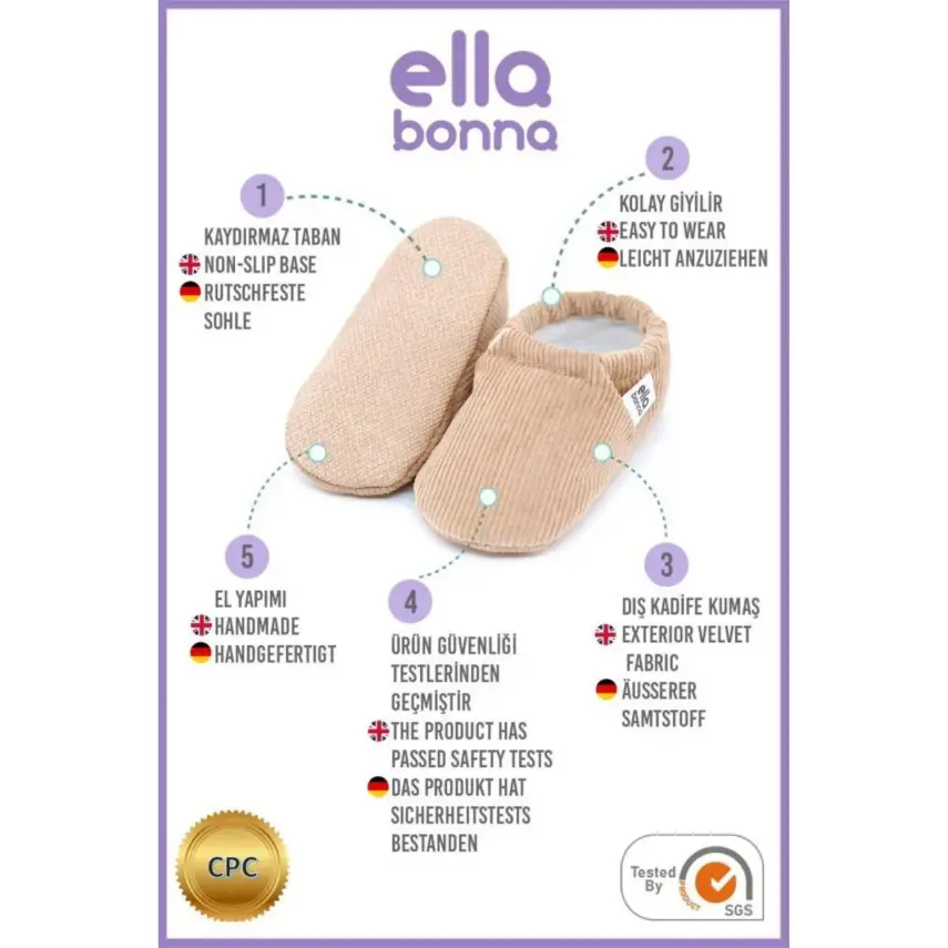 Ella Bonna Unisex Patik Organik Pamuk Kaydırmaz Taban Bej - 2