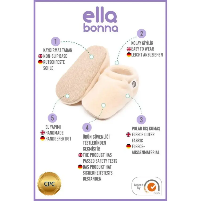 Ella Bonna Unisex Patik Organik Pamuk Kaydırmaz Taban BEJ - 15