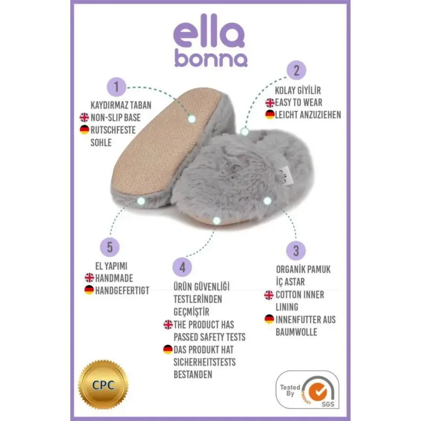 Ella Bonna Unisex Patik Organik Yumuşak Tüylü Kaydırmaz Taban Gri - 7