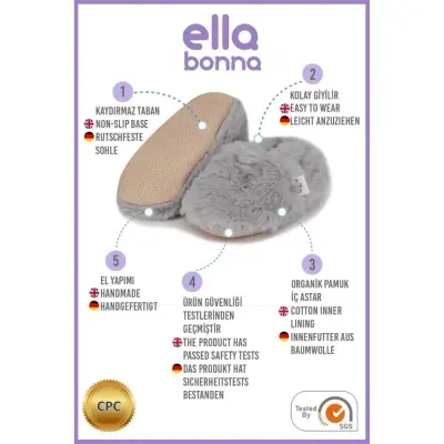 Ella Bonna Unisex Patik Organik Yumuşak Tüylü Kaydırmaz Taban Gri - 14