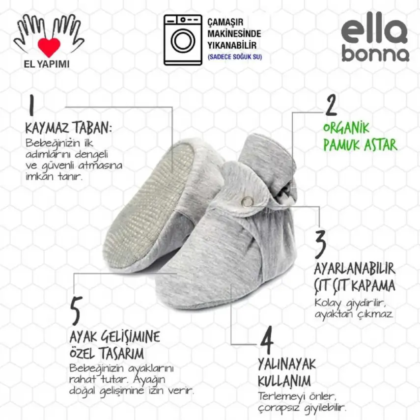 Ella Bonna Unisex Patik Pamuk Organik Cotton Gri - 2