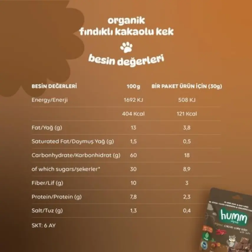 Humm Organik Glutensiz Vegan Kakaolu ve Fındıklı Kek 30 gr - 9