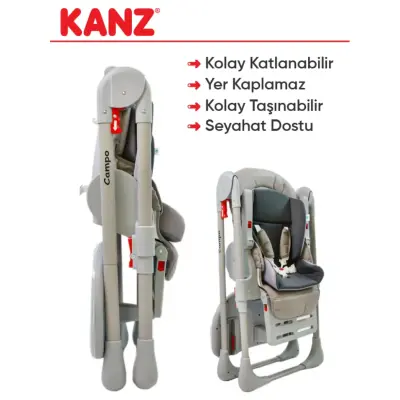 Kanz Campo Mama Sandalyesi Portatif Kolay Katlanır Yükseklik Ayarlı Tekerlekli İç Pedli Grey - 3