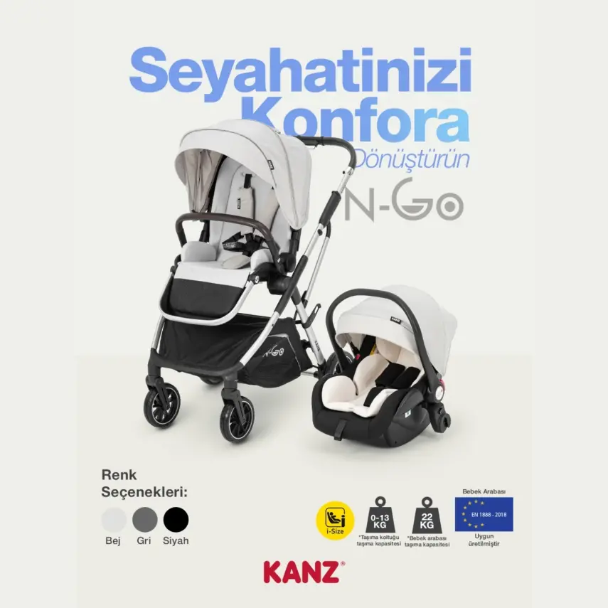 Kanz N-Go Çift Yönlü Tek Elle Katlanabilen Travel Sistem Bebek Arabası Bej - 12