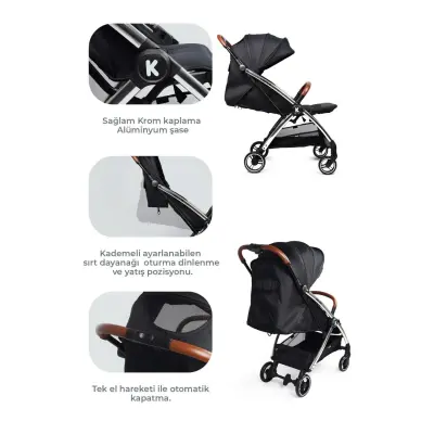 Kanz Xflip Tek Elle Kapanabilir Kompakt Travel Sistem Bebek Arabası Deeply Black - 6