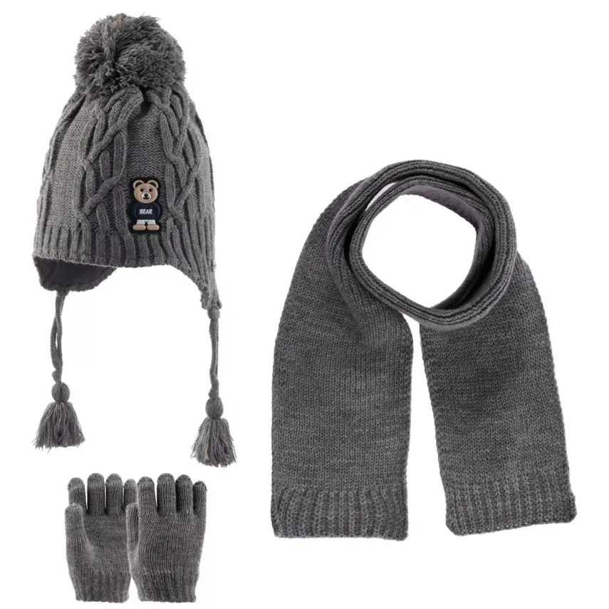 Kitti Erkek Bebek Eldiven Atkı Bere Takım Orta Gri - 1