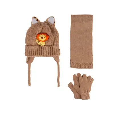 Kitti Erkek Çocuk  Eldiven Atkı Bere Takım 1-4Yaş Açık Kahve  