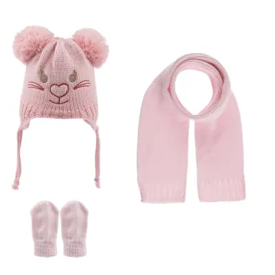 Kitti Kız Atkı Bere Eldiven Takım Açık Pembe 