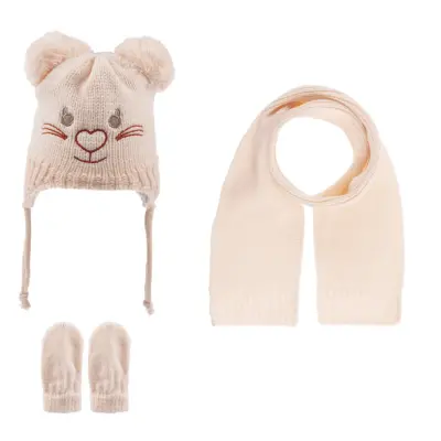 Kitti Kız Atkı Bere Eldiven Takım Pudra