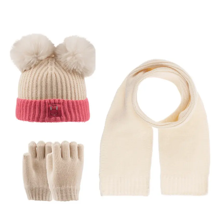 Kitti Kız Bebek Atkı Bere Eldiven Takım Koyu Pembe - 1