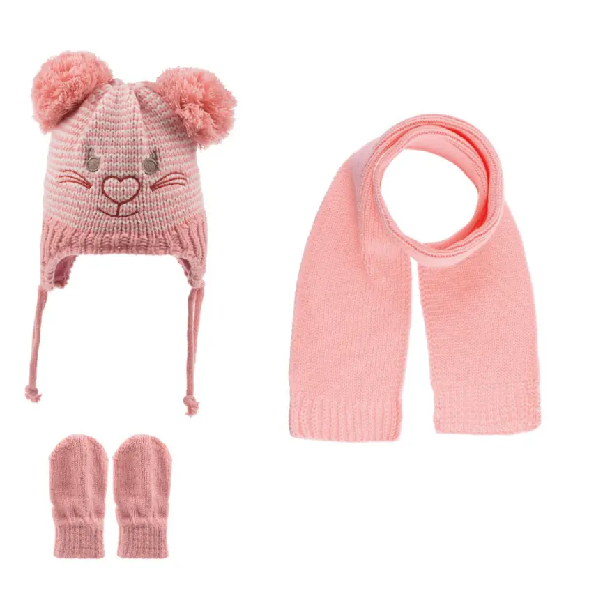 Kitti Kız Bebek Kız Bebek Atkı Bere Eldiven Takım Gül Pembe - 1