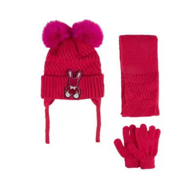 Kitti Kız Çocuk  Eldiven Atkı Bere Takım 1-4Yaş Fuşya 
