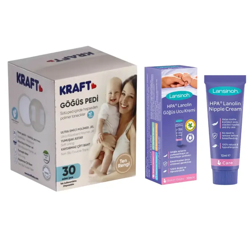 Lansinoh Lanolin Göğüs Ucu Kremi 10 ml +Kraft Jelli Göğüs Pedi 30lu Ten - 1