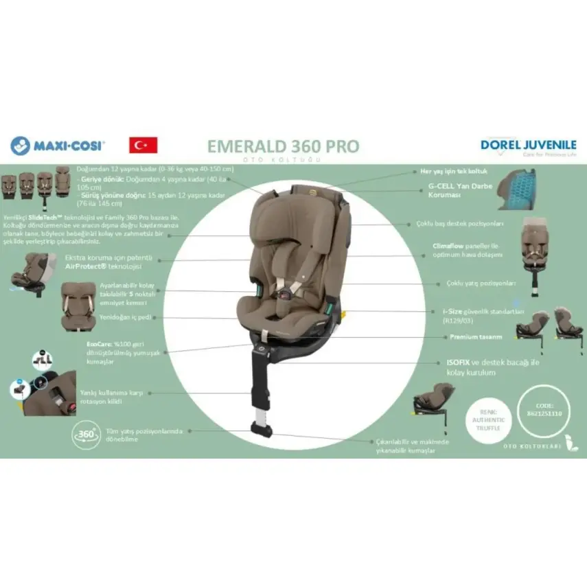 Maxi-Cosi Emerald 360 Pro I-size Araç Dışına Çıkabilen Isofix'li Dönebilir Yatabilir Slidetech Oto Koltuğu 0-36 Kg Authentic Truffle - 10