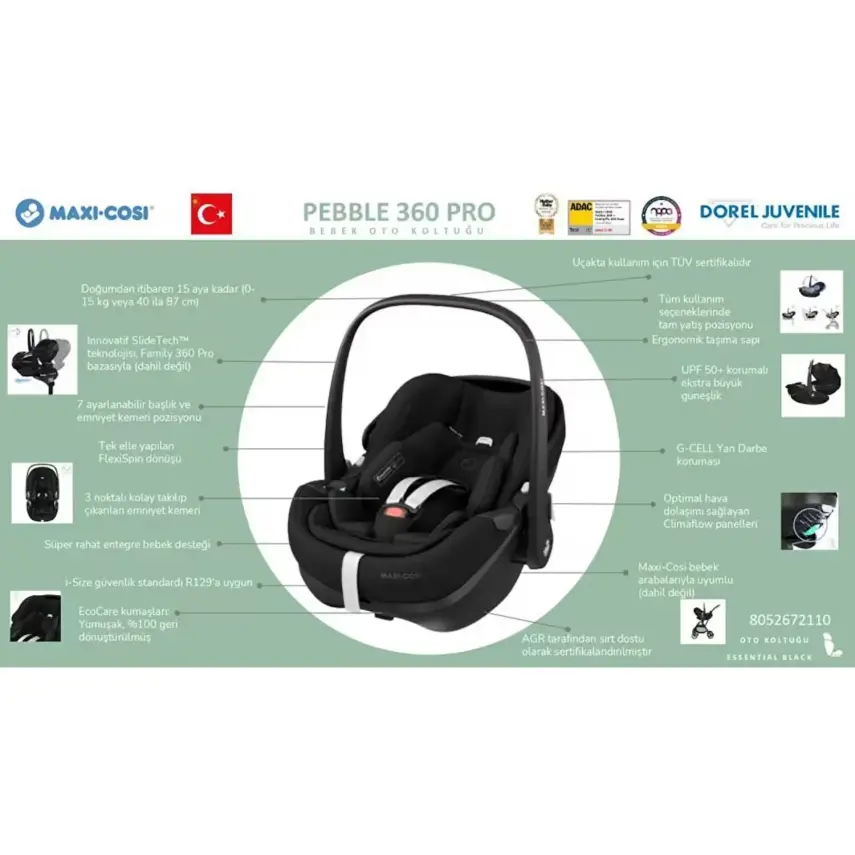 Maxi Cosi Pebble SlideTech Tam Yatabilen 360° Dönebilen Oto Koltuğu 0-13 Kg Twillic Green - 3
