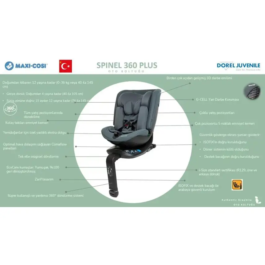 Maxi-Cosi Spinel Plus i-Size Dijital Göstergeli 360 Dönebilen Yatabilen Isofix'li 0-36 kg Oto Koltuğu Raven - 5